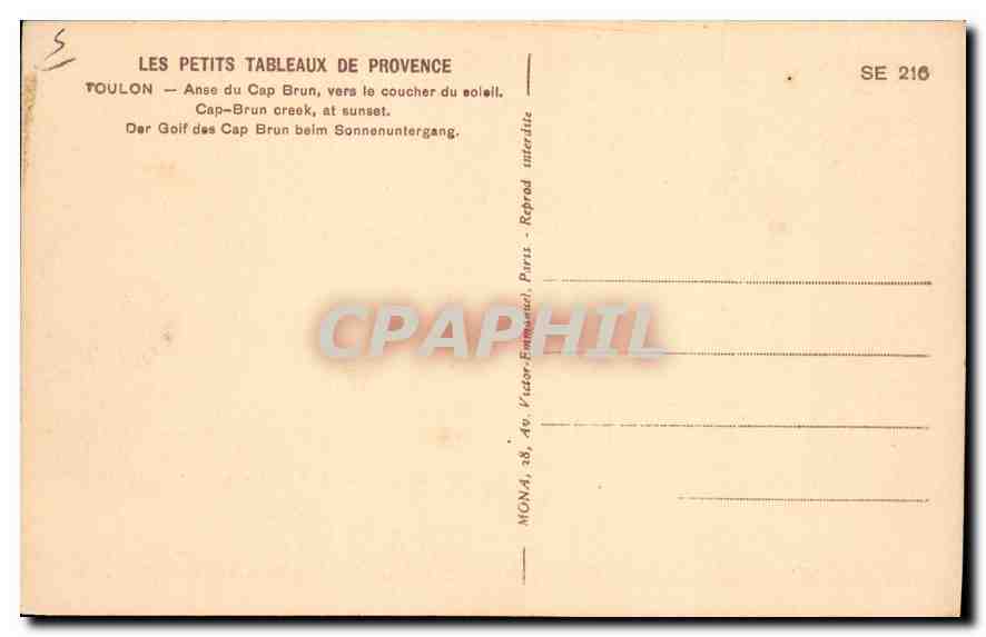 Toulon — Anse du Cap Brun — coucher de soleil — Mona, SE 216 — Verso