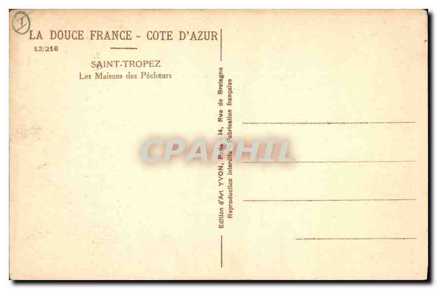 CPA Cote d'Azur Saint Tropez les Maison des Pecheurs  — Rückseite