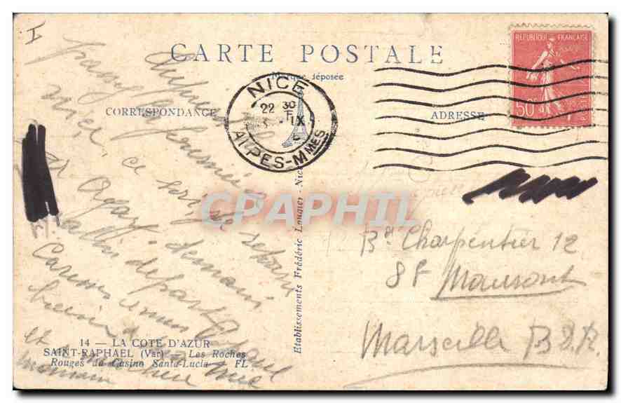 Die Felsen von Saint-Raphaël — Côte d'Azur — Verleger: Saint-Raphaël (Var) — Rückseite