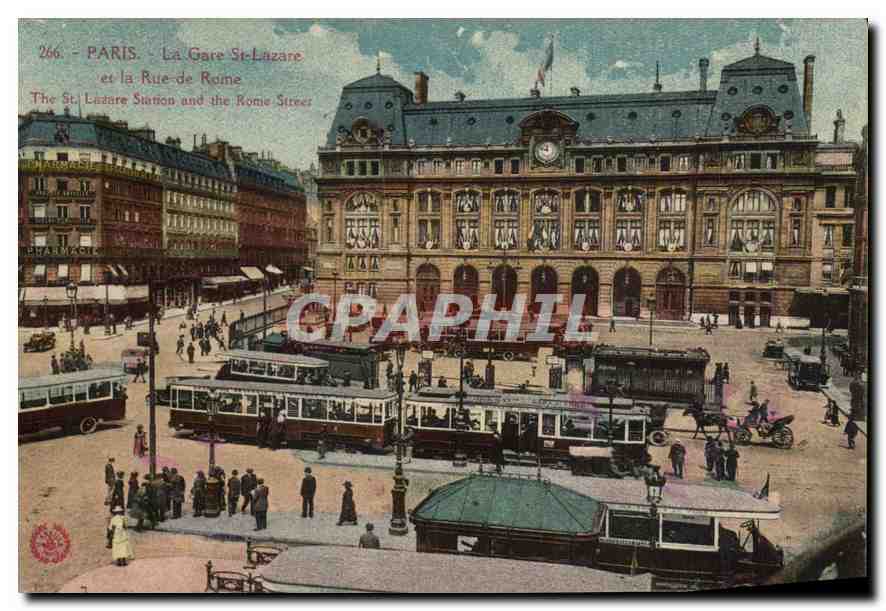 CPA Paris la Gare St Lazare et la rue de Rome Tramways
