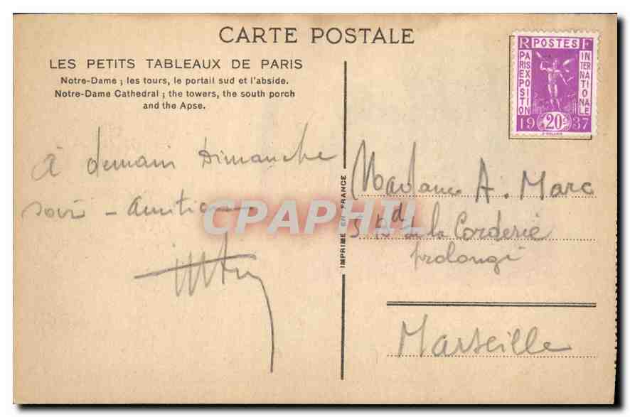 CPA Les Petits Tableaux de Paris Notre Dame les tours le portail Sud et l'abside  — Verso