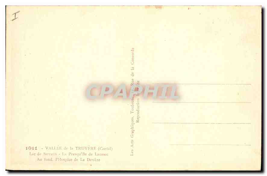 CPA Valles de la Truyers Cantal Lac de Sarrans la presqu'ile de Laussac au fond l'hospice de la Deve — Rückseite