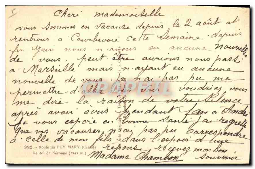 CPA Route du Puy Mary Cantal le Col de Neromes  — Verso