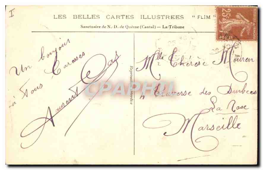CPA Les Belles Cartes Illustrees Sanctuaire de N D de Quezac Cantal la Tribune  — Rückseite