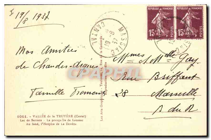 CPA Vallee de la Truyere Cantal Lac de Sarrans la Presqu'il de Laussac au fond l'hospice de la Devez — Rückseite