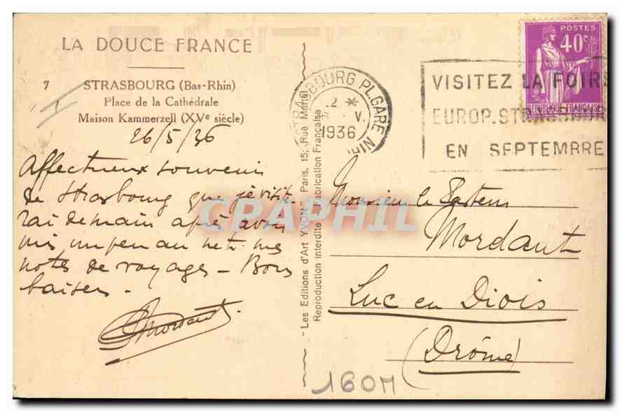 CPA Strasbourg Bas Rhin place de la Cathedrale Maison Kammerzell XV siecle  — Rückseite