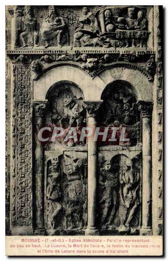CPA Moissac T et G eglise Abbatiale porche representant de bas en haut la Luxure la Mort de Pavare l
