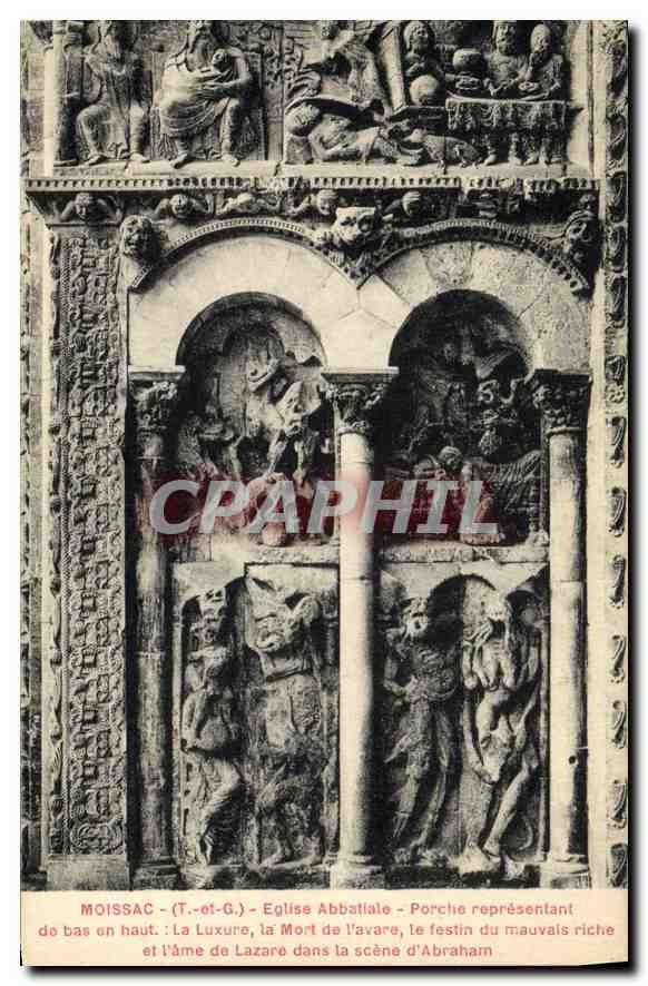 CPA Moissac T et G eglise Abbatiale porche representant de bas en haut la Luxure la Mort de Pavare l