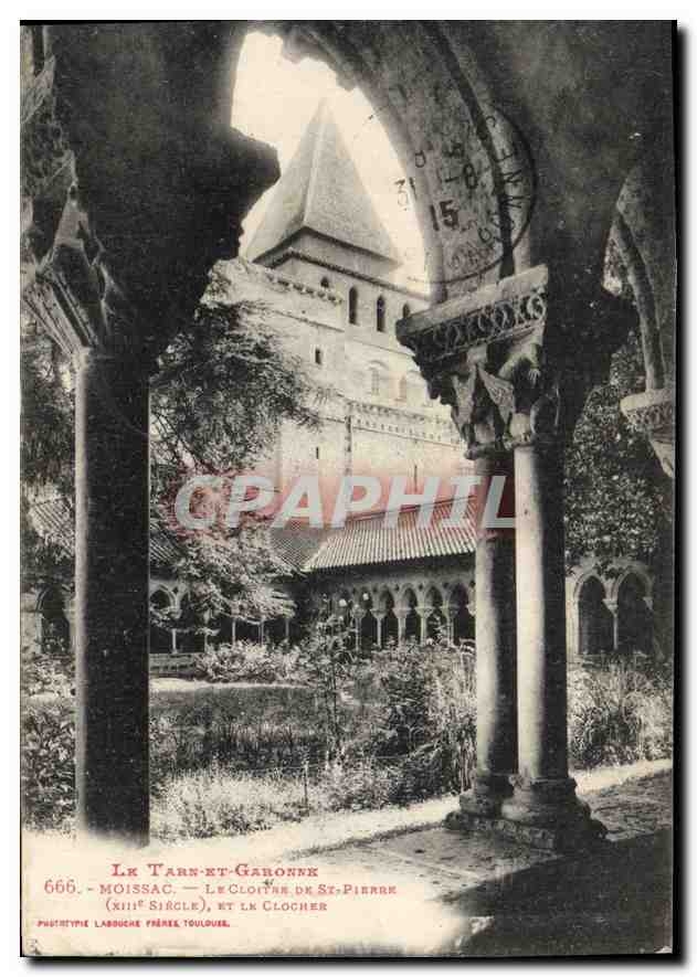 Moissac — Le Cloître de St-Pierre (XIIIe siècle), et le clocher — Phototypie Labouche Frères, Toulouse