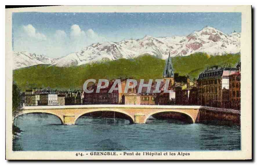 Grenoble - Brücke des Hospitals und die Alpen — Vintage Postcard/Antike Ansichtskarte CPAPHIL n°414