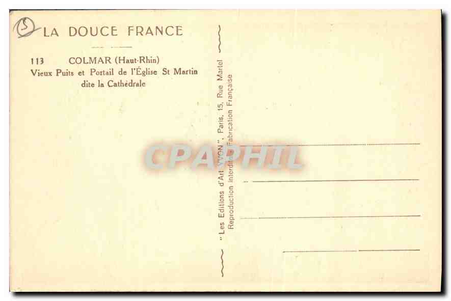 CPA Colmar Haut Rhin Vieux Puits et Portail de l'Eglise St Martin  — Rückseite