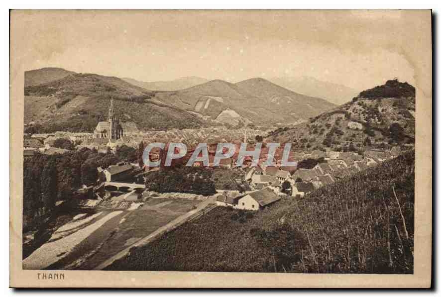 Thann — vue panoramique avec église et montagnes — éditeur Braun & Cie, Dornach