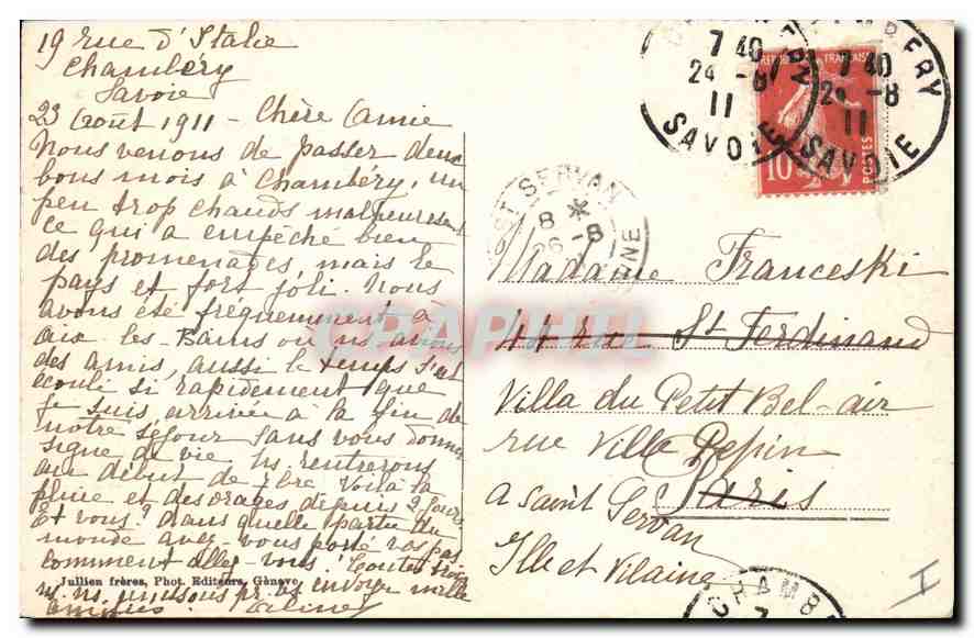 CPA Chambery Archeveche Cloitre et jardin des Peres Franciscains Cordeliers 1220 1777  — Rückseite