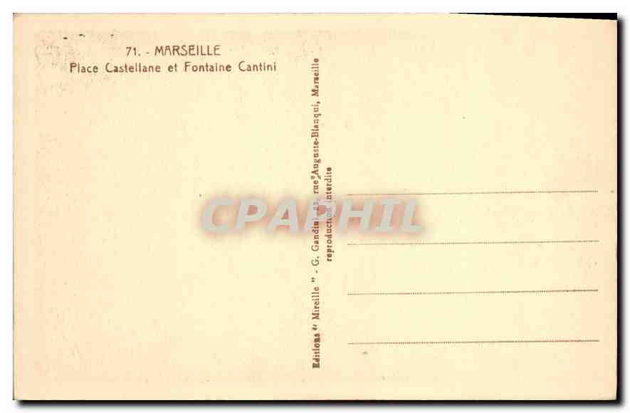 CPA Marseille Place Castellane et Fontaine Cantini  — Verso