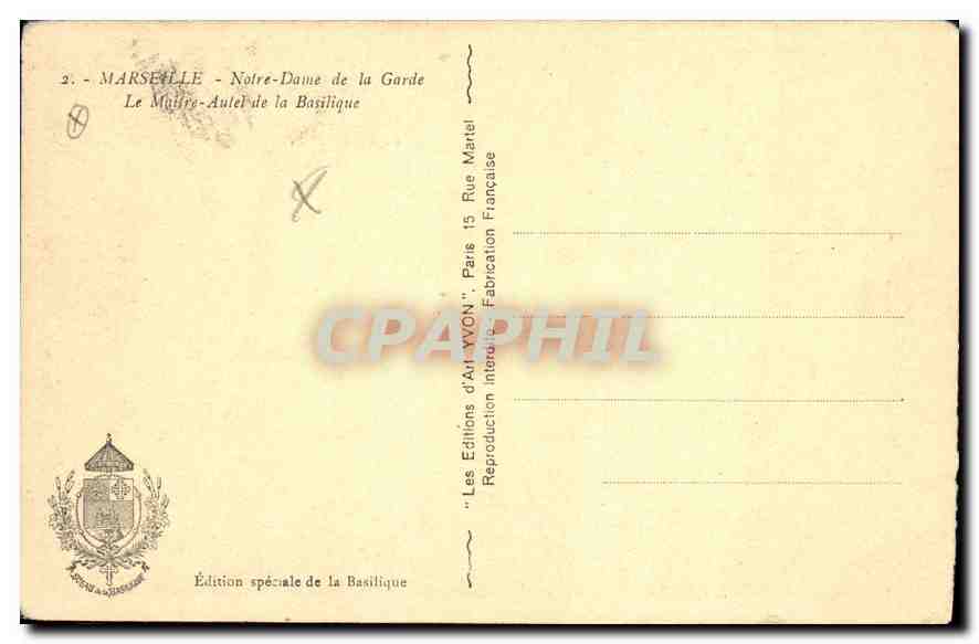 CPA Marseille Notre Dame de la Garde le Maitre Autel de la Basilique  — Rückseite