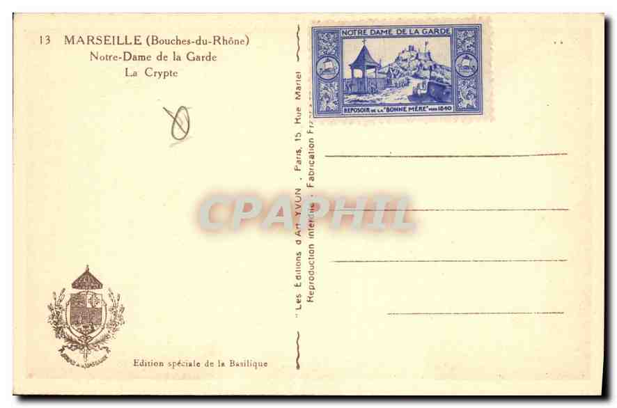 CPA Marseille Bouches du Rhone Notre Dame de la Garde la Crypte  — Rückseite