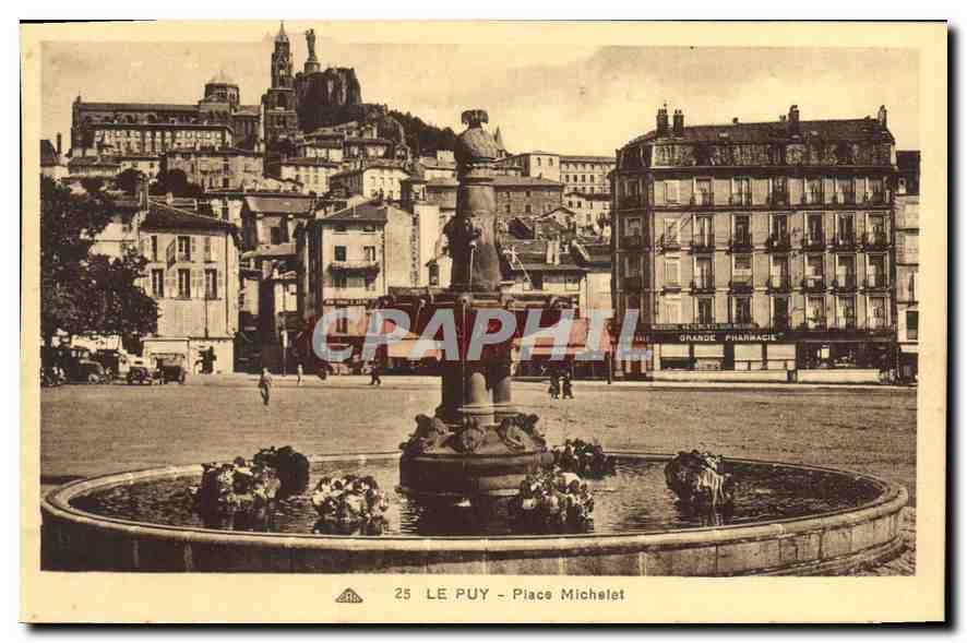Le Puy - Place Michelet — vue de la fontaine et du Vieux-Puy en arrière-plan — éditeur anonyme, n° 25 - Anverso
