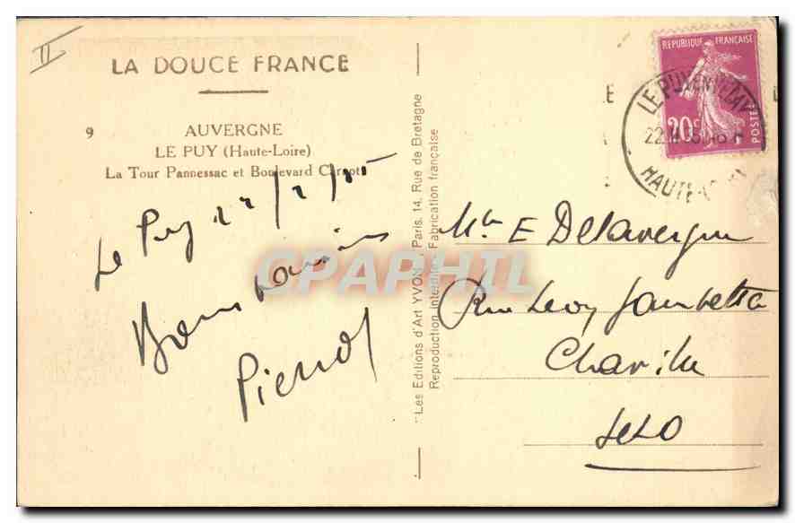 La Tour Pannessac — Auvergne — Éditions d'Art Yvon, Paris — Rückseite