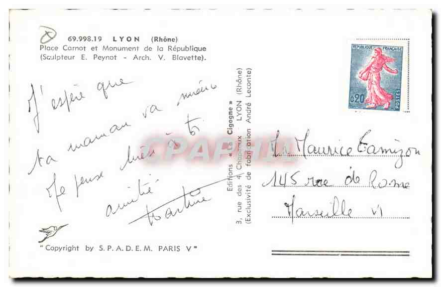 CPA Lyon Rhone Place Carnot et Monument de la Republique  — Verso