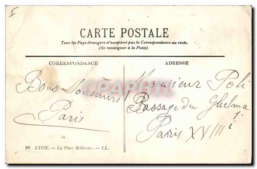 CPA Lyon La Place Bellecour  — Verso