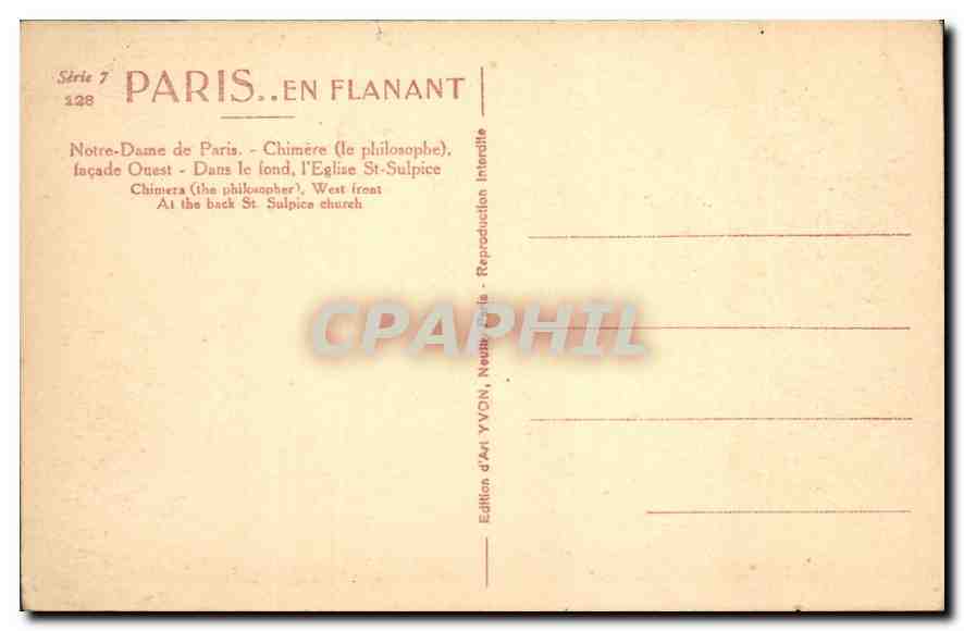 CPA Notre Dame de Paris Chimere Le Philosophe Facade Ouest Dans le fond l'Eglise St Sulpice  — Verso
