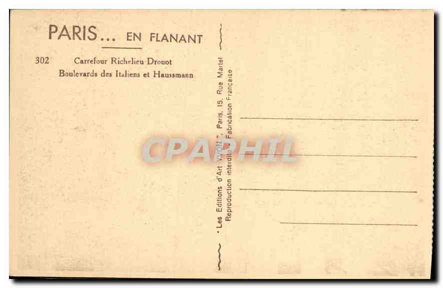 CPA Paris Carrefour Richelieu Drouot Boulevards des Italiens et Haussmann  — Rückseite