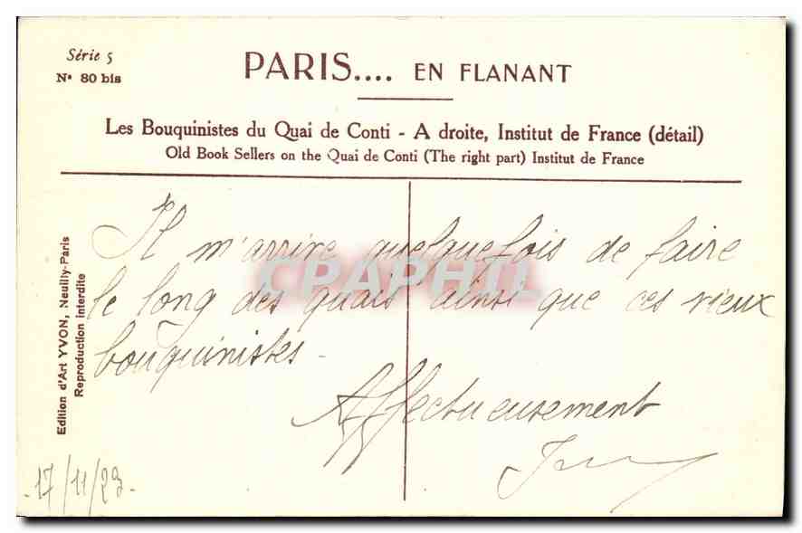 CPA Paris Les Bouquinistes du Quai de Conti A droite Institut de France  — Rückseite