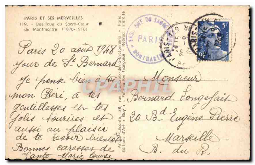 CPA Paris et ses Merveilles Basilique du Sacre Coeur de Montmartre  — Rückseite
