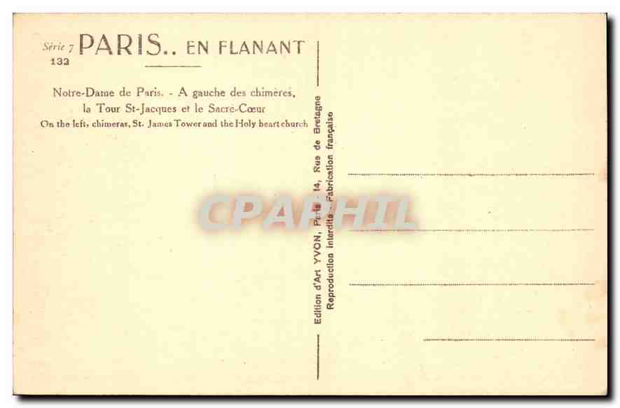 CPA Paris Notre Dame de Paris A Gauche des Chimeres la Tour St Jacques et le Sacre Coeur  — Verso