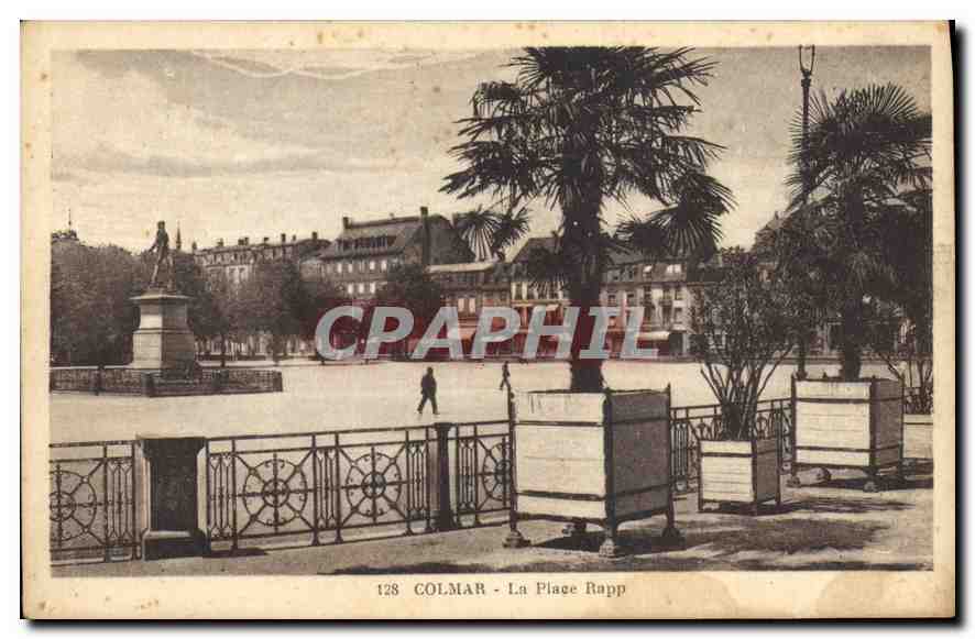 Colmar - La Place Rapp — vue de la place avec palmiers et statue — Édition Wilirco, n° 128