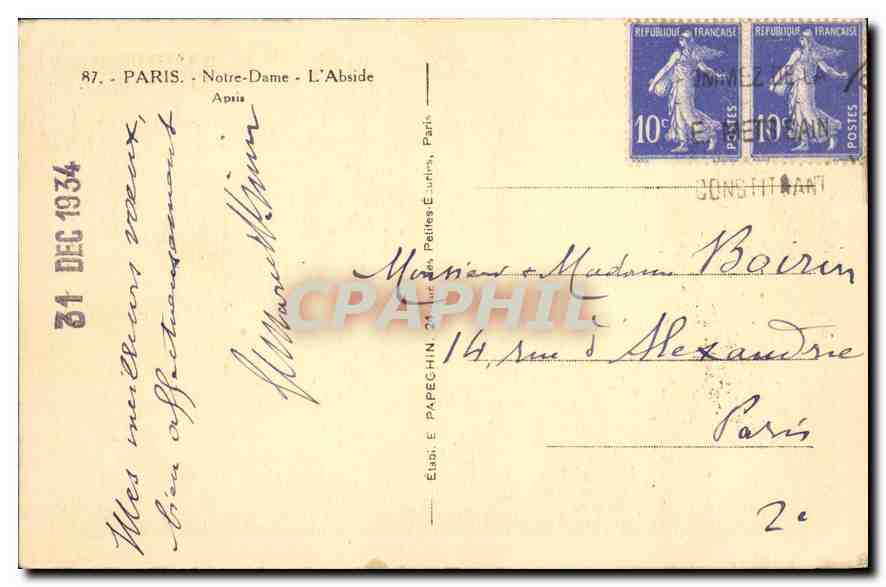 CPA Paris Notre Dame L'Abside  — Verso