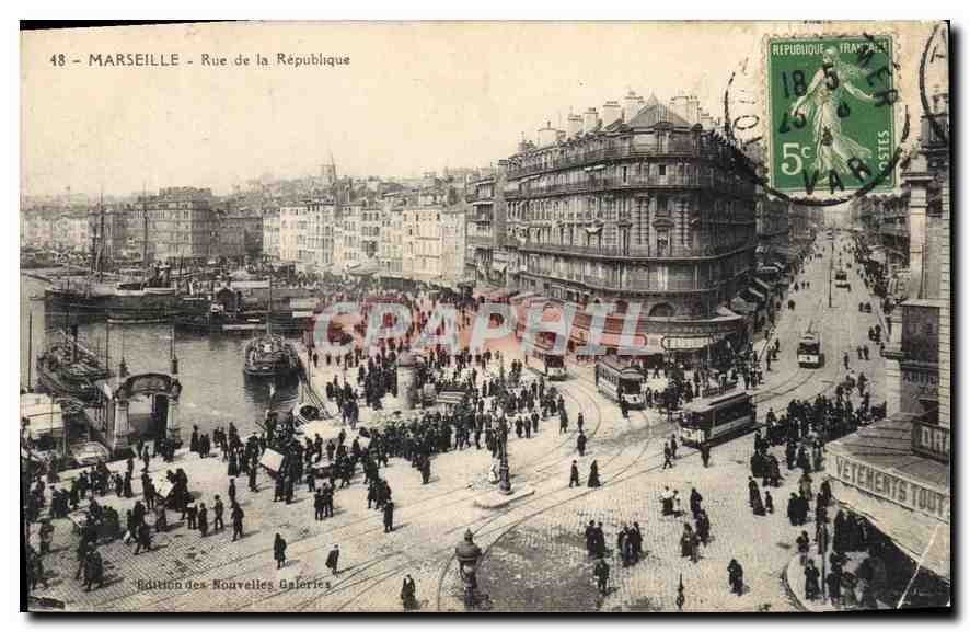 MARSEILLE - Rue de la République — vue du port et de la place — Édition des Nouvelles Galeries, n°48