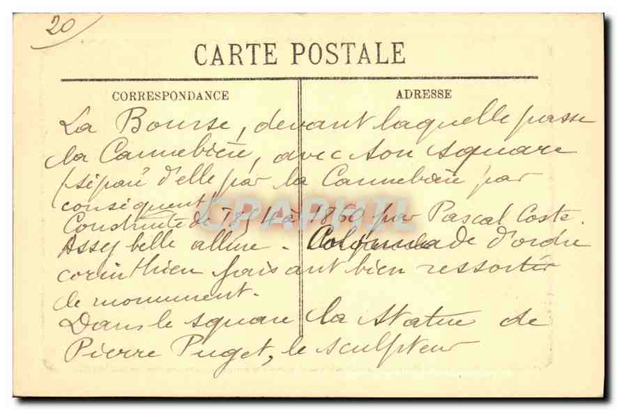 CPA Marseille Le Square de la Bourse et le Monument de Pierre Puget  — Rückseite