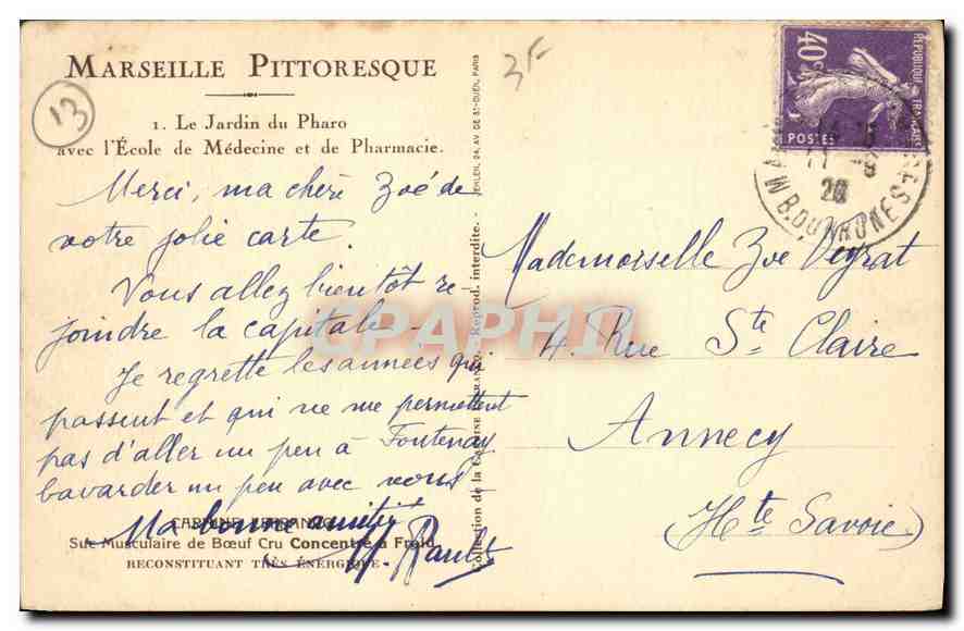 CPA Marseille Le Jardin du Pharo avee l'Ecole de Medecine et de Pharmacie  — Rückseite