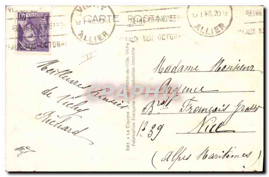 CPA Vichy La Poste et le Gare d'autobus La Cigogne — Rückseite
