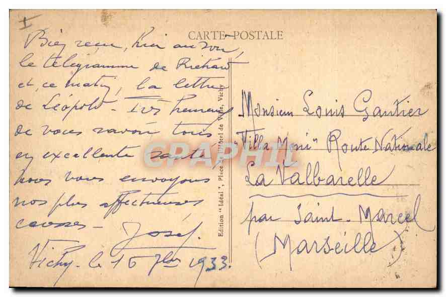 CPA Vichy La Pergola vers le Palais des SSources — Verso