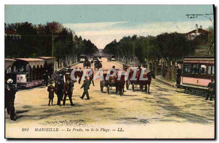 CPA Marseille Le Prado vu de la Plage Tramway