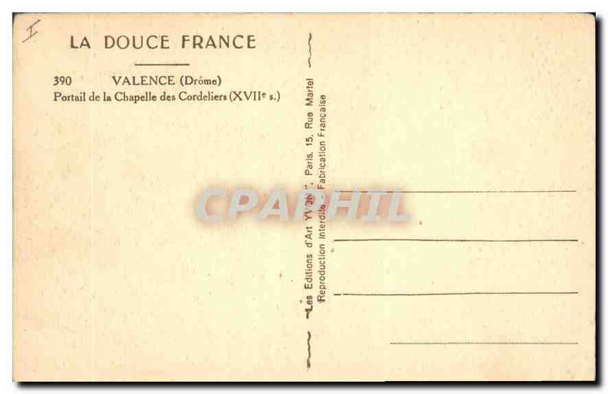 Portail de la Chapelle des Cordeliers — Valence (Drôme) — Les Éditions d'Art Yvonne, Paris — Rückseite
