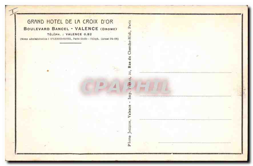 Grand Hôtel de la Croix d'Or — Paris — Photo Jacques, Valence — Verso