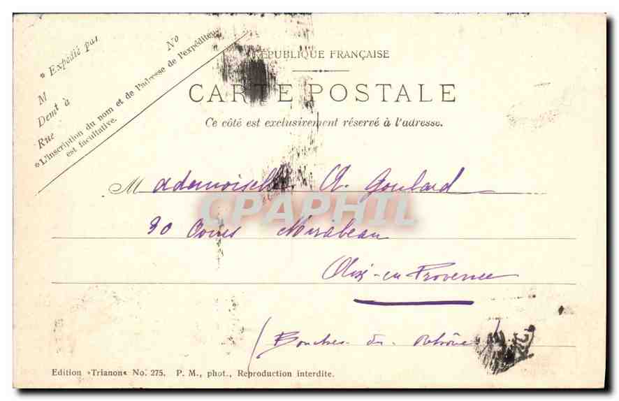 Castillo de Fontainebleau — Cour du Cheval-Blanc y Escalera del Hierro — Edición Trianon No. 275 — Reverso