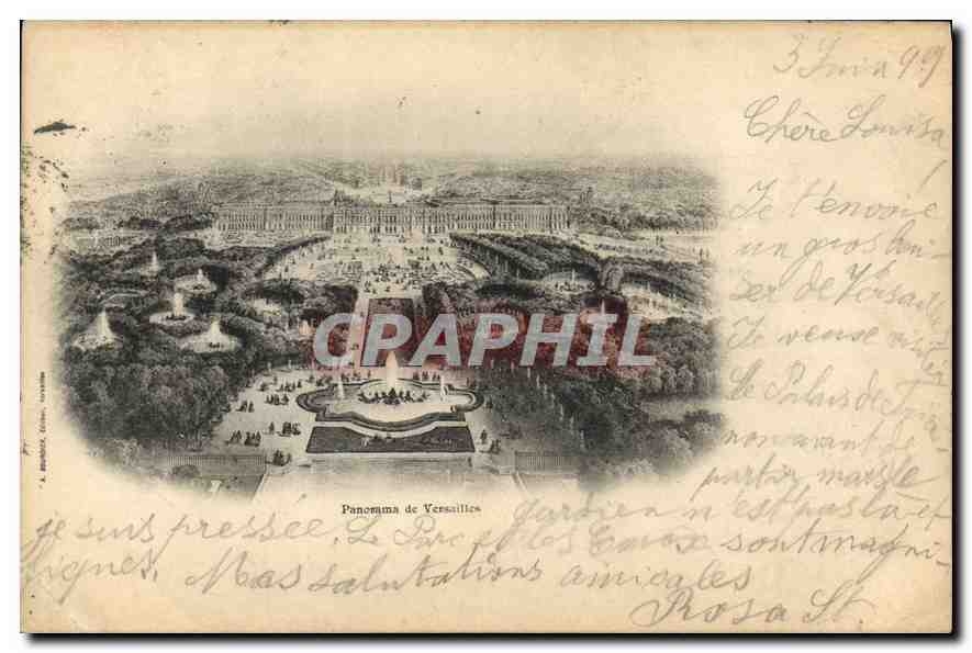Panorama de Versalles — vista aérea del castillo y de los jardines — editor A. Répérée, Versalles, número de serie no visible