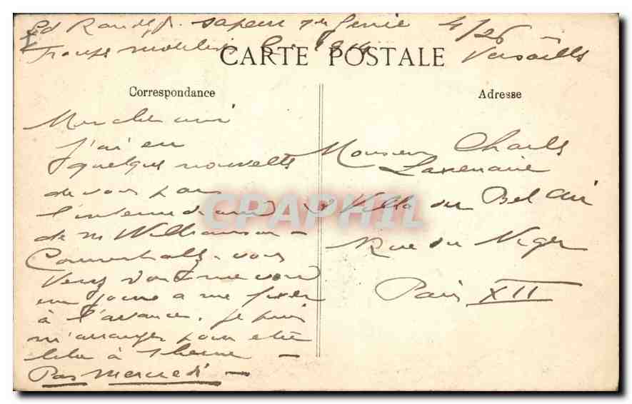 CPA Versailles Caserne du 1st Genie Place d'Armes  — Verso