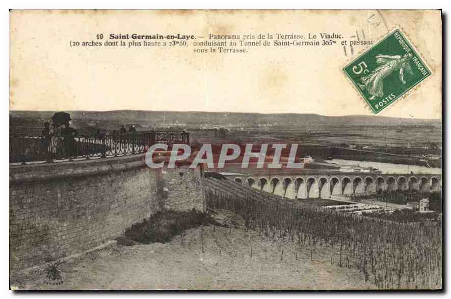 Saint-Germain-en-Laye — Panorama pris de la Terrasse. Le Viaduc. (20 arches dont la plus haute à 23m50, conduisant au Tunnel de Saint-Germain 30m et passant sous la Terrasse.)