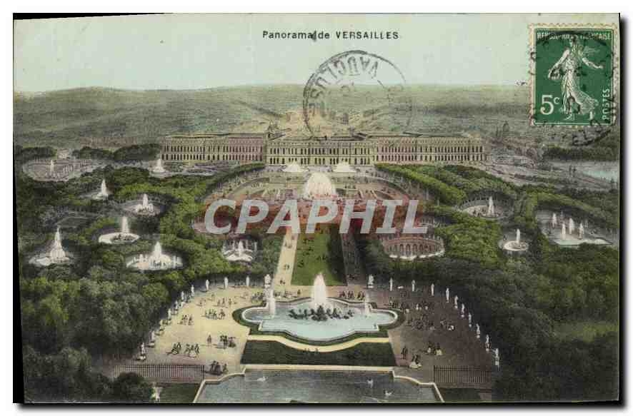 Panorama de VERSAILLES — vue aérienne des jardins et du château — Mme Moreau, édit. Versailles