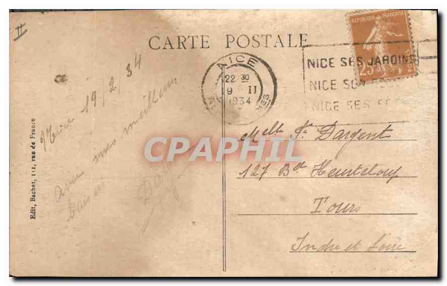 CPA Nice Villa des Officiera Furtado heine Promenade des Anglais  — Rückseite