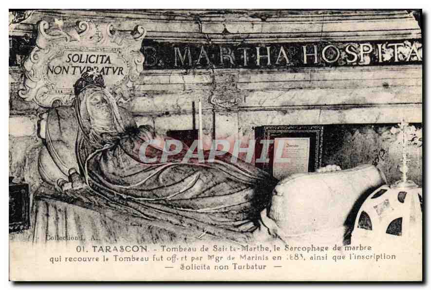 Tarascon — Tombeau de Sainte-Marthe, sarcophage de marbre et inscription — Collection L.A.