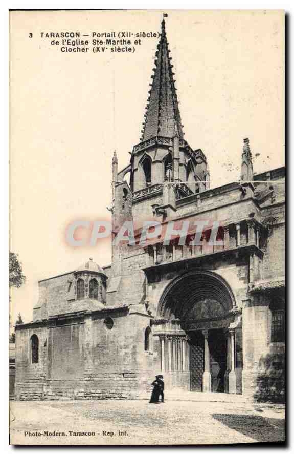 Tarascon — Portal und Turm der Kirche Sainte-Marthe (12. und 15. Jahrhundert) — Photo-Modern, Tarascon - Rep. int.