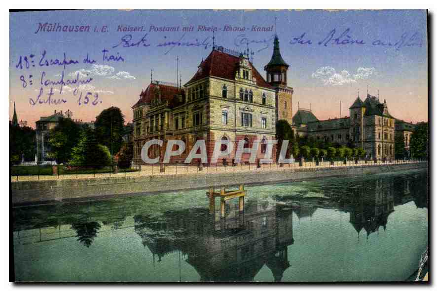 CPA Mulhausen Kaiseri Postamt mit Rhein Rhone Kanal 