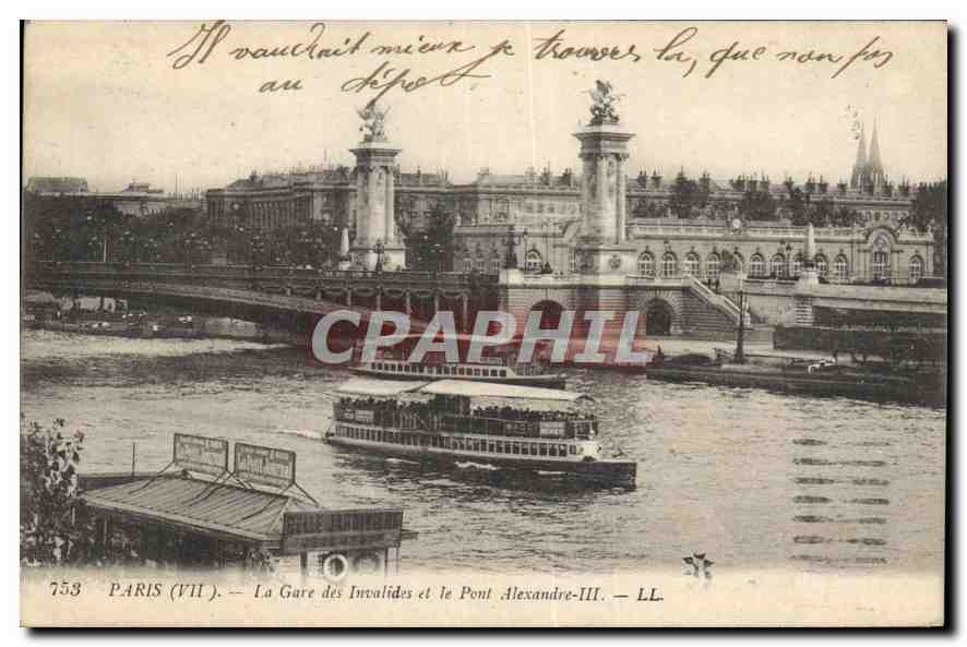 CPA Paris VII La Gare des Invalides et le Pont Alexandre III Bateau Peniche