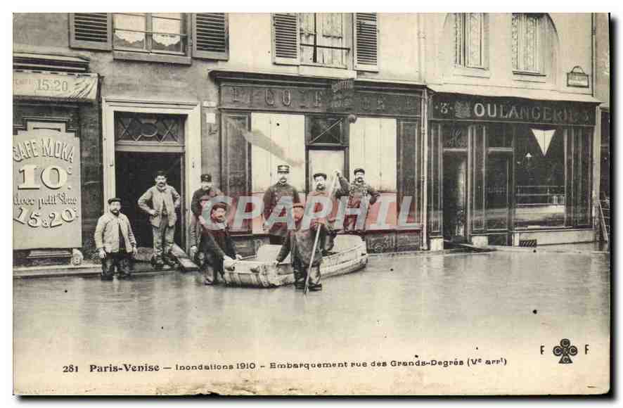 Paris-Venise — Inondations 1910 — Embarquement rue des Grands-Degrés (V° arrt)